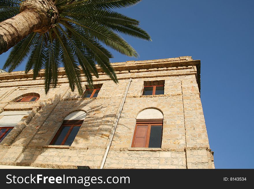 Palm and ancient house with a blue sky