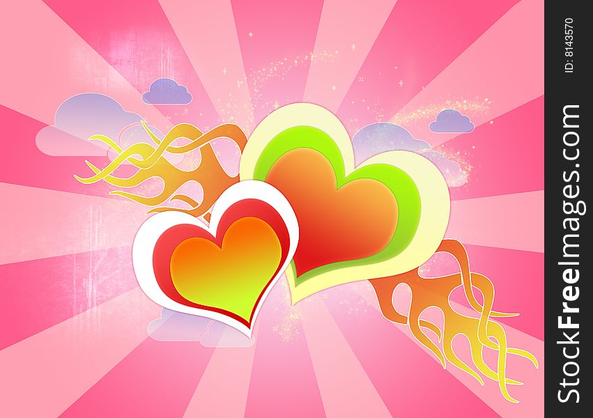 Two colorful hearts on striped scratched pink background with clouds. Two colorful hearts on striped scratched pink background with clouds