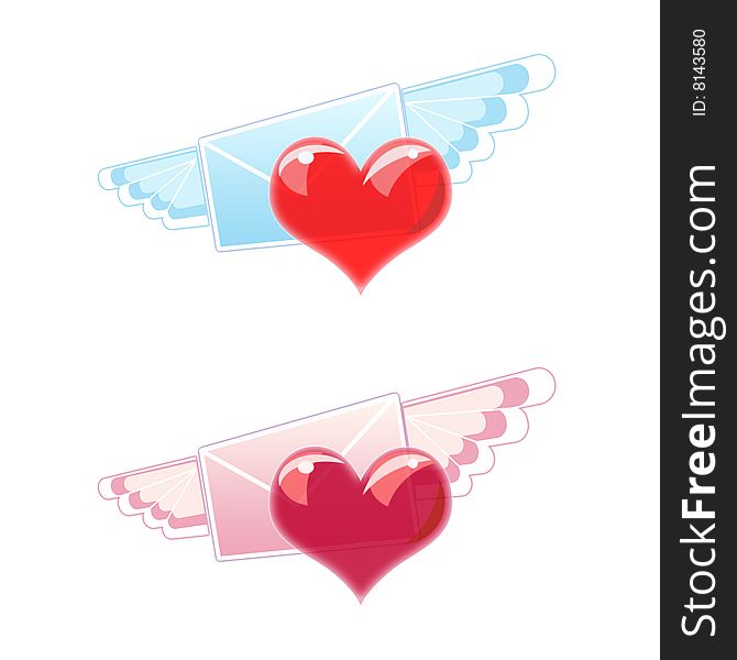 Two love letters of blue and pink colors with wings and heart on white background