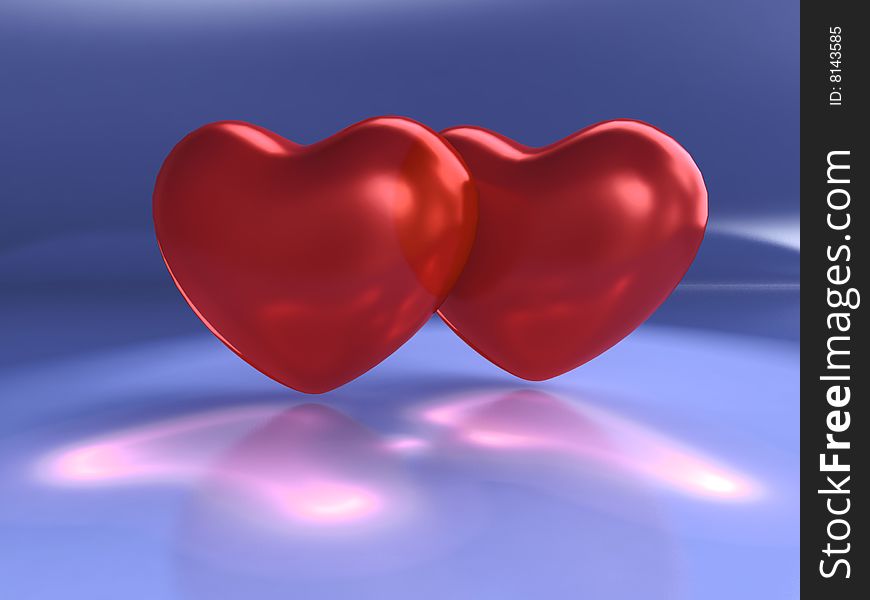 Romantic hearts 3d illustration with reflection on abstract blue background. Romantic hearts 3d illustration with reflection on abstract blue background