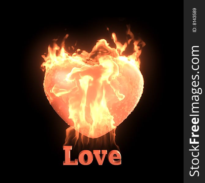 Red burning heart with world Love at the bottom of back background. Red burning heart with world Love at the bottom of back background