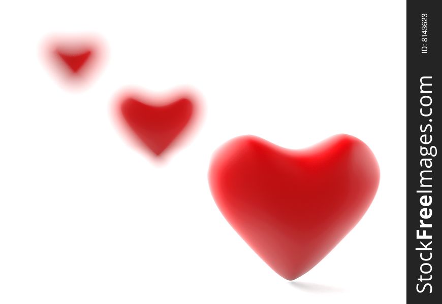 Three 3d red hearts in diagonal line on white background. Three 3d red hearts in diagonal line on white background