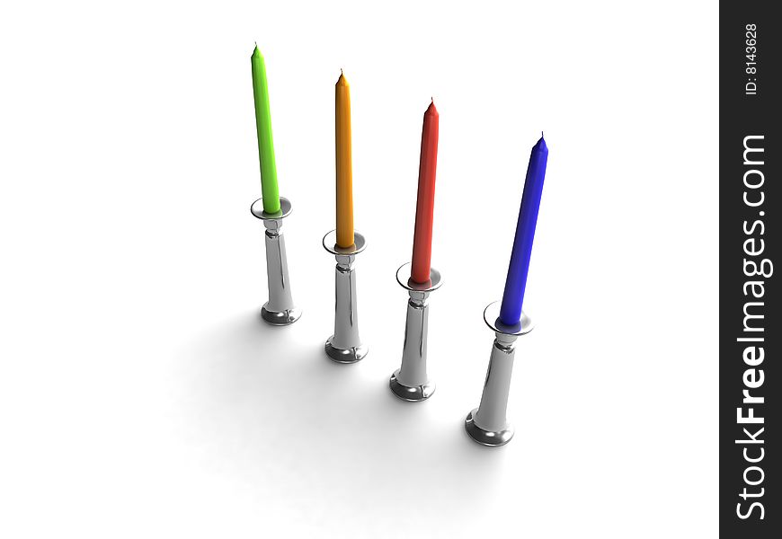 Four colorful isolated candles in silver candlestick standing in a row. Four colorful isolated candles in silver candlestick standing in a row
