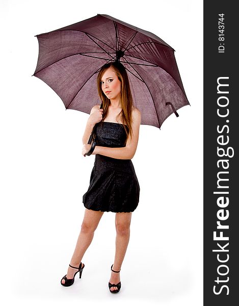 Front view of woman holding umbrella on an isolated background