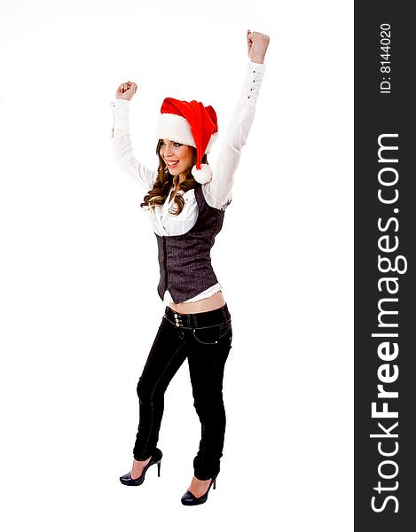 Sidepose of happy christmas woman with white background