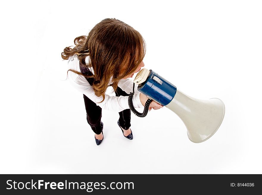 Top view of woman shouting into loudspeaker against white background