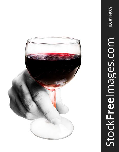 A hand holding a glass of red wine on white. A hand holding a glass of red wine on white