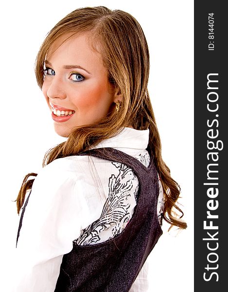 Side view of young smiling female on an isolated background