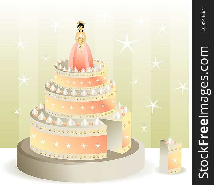 Celebration cake of three levels with doll teenager and a piece of cake. Celebration cake of three levels with doll teenager and a piece of cake