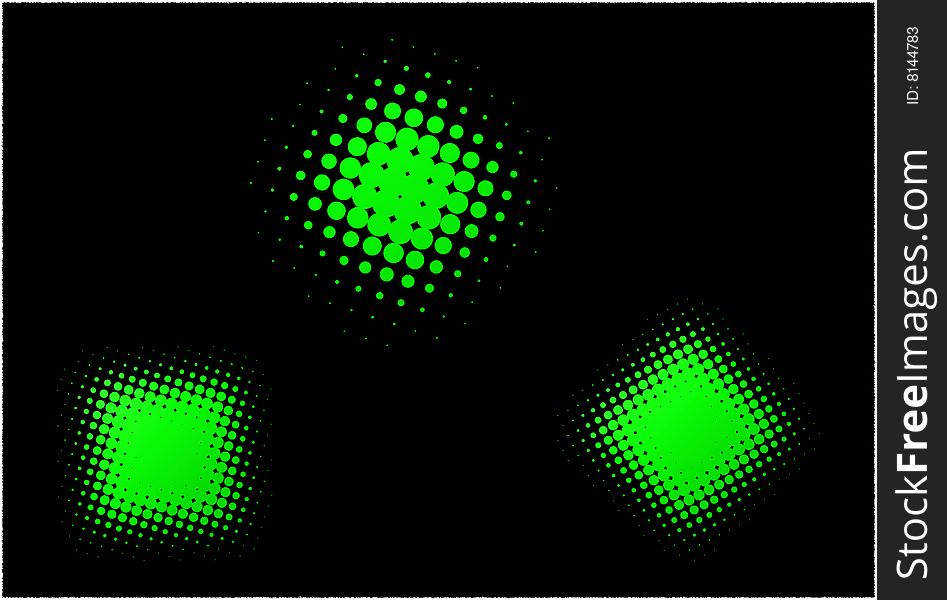 Illustration of Three Green spotted Shapes with black background.