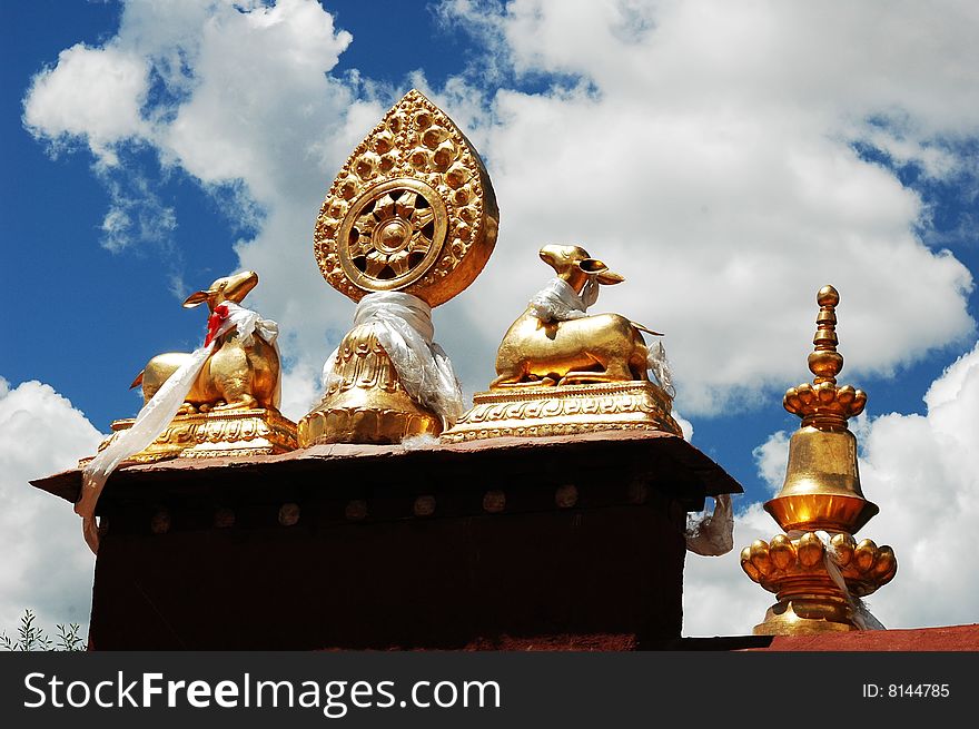 Gold summit,the roof of a Small Lamasery at Lhasa,Tibet. Gold summit,the roof of a Small Lamasery at Lhasa,Tibet