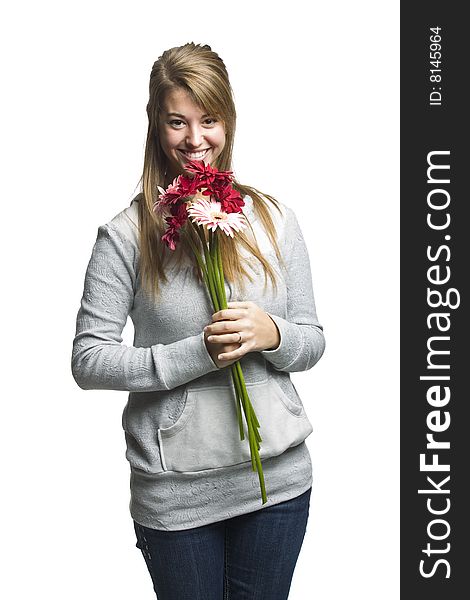 Girl Holding Flowers with smile