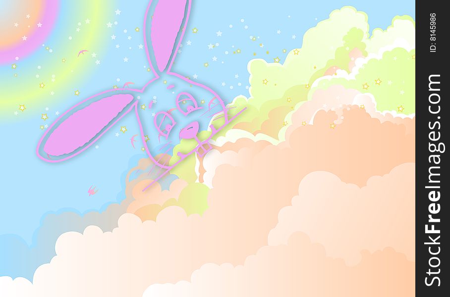 Illustration for Easter with a bunny on colourful sky background. Illustration for Easter with a bunny on colourful sky background