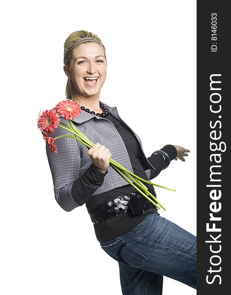 Girl Holding Flowers with smile