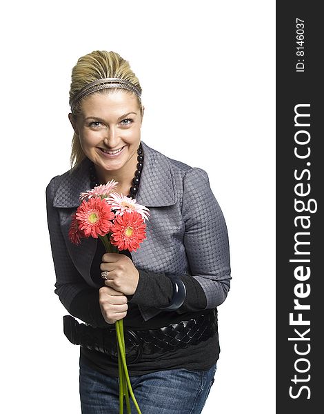 Girl Holding Flowers with smile