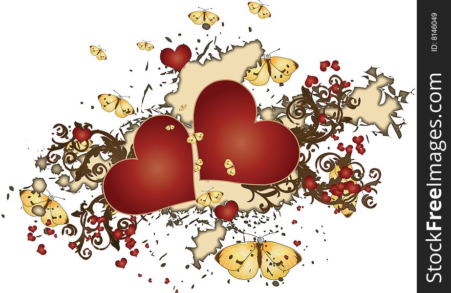 A  illustration of a red hearts surrounded by butterflies, on top of a messy grunge arrangement  with intricate arabesques. A  illustration of a red hearts surrounded by butterflies, on top of a messy grunge arrangement  with intricate arabesques