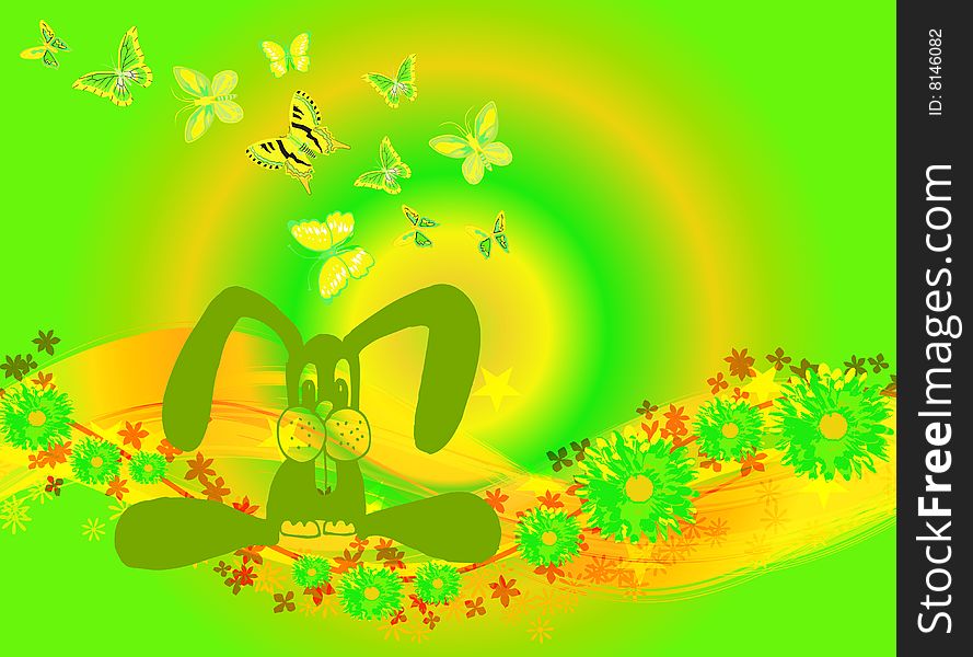 Illustration for Easter with a bunny and Butterflies on colourful background. Illustration for Easter with a bunny and Butterflies on colourful background