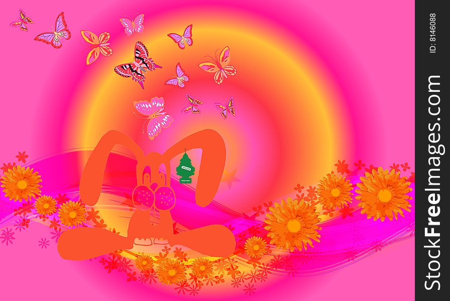 Illustration for Easter with a bunny and Butterflies on colourful background. Illustration for Easter with a bunny and Butterflies on colourful background
