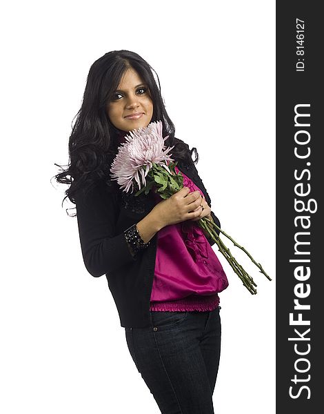 Hispanic Girl Holding Flowers with smile