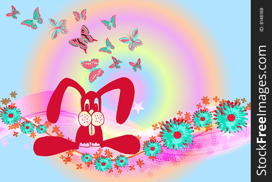 Illustration for Easter with a bunny and Butterflies on colourful background. Illustration for Easter with a bunny and Butterflies on colourful background