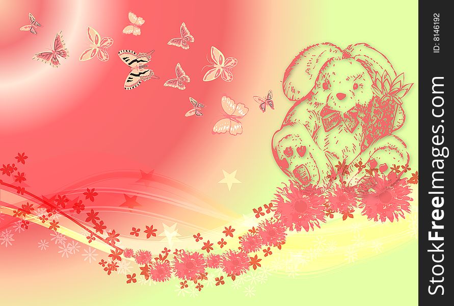 Illustration for Easter with a bunny and Butterflies on colourful background. Illustration for Easter with a bunny and Butterflies on colourful background