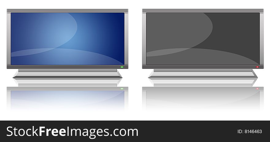 Flat LCD tv Liquid-Crystal Display with reflection. two versions: off - on. Flat LCD tv Liquid-Crystal Display with reflection. two versions: off - on