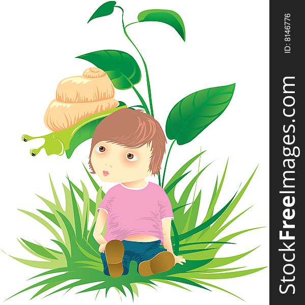 Cute Child With Snail On A Grass