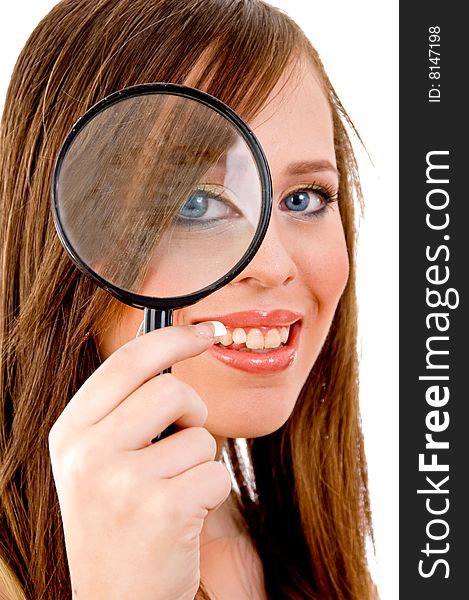 Front view of woman looking through lens on an isolated background