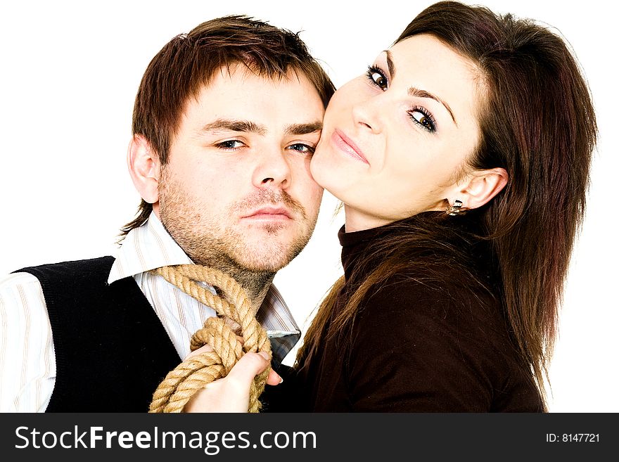 Stock photo: an image of a woman with rope and a man. Stock photo: an image of a woman with rope and a man