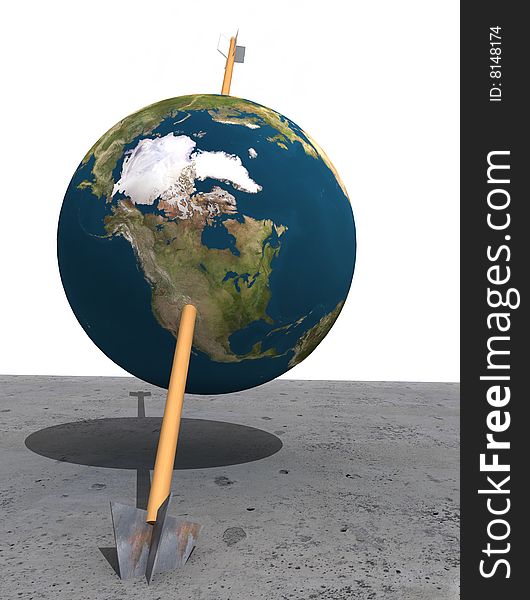 Planet Earth hit by an wodden arrow, stuck in concrete. 3d rendered with Nasa map