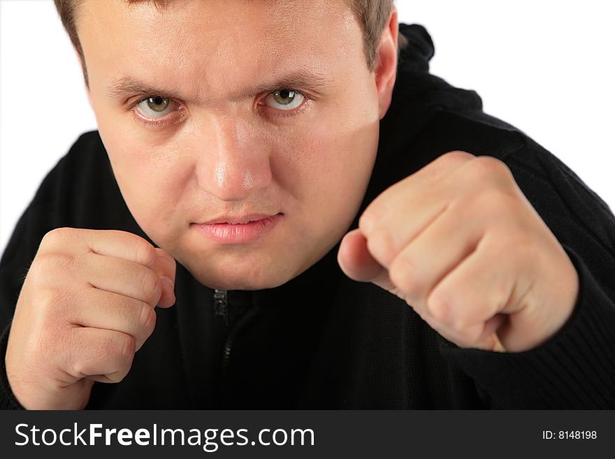 Man prepared for protection on white