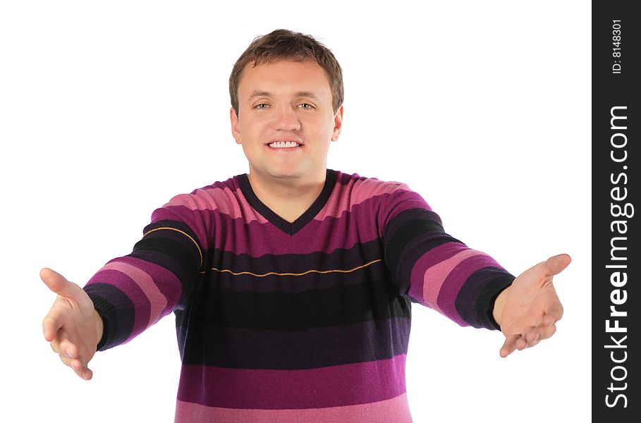 Man welcomes on white background