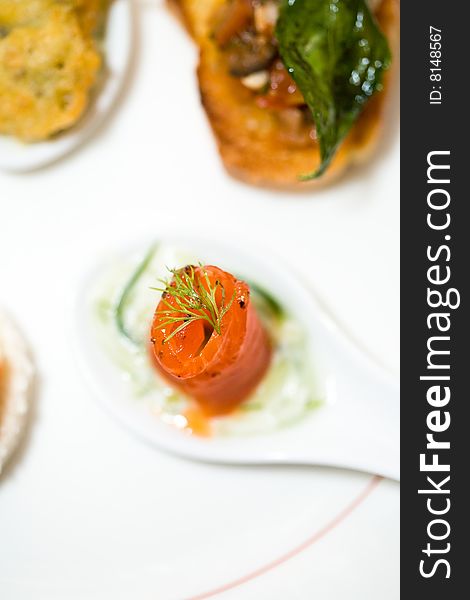 Salmon finger food appetizer from top view