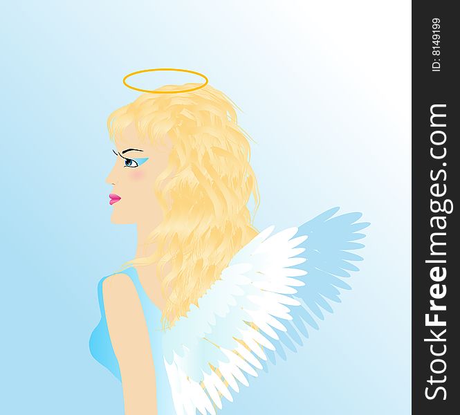 The girl an angel with wings on a blue background, an illustration