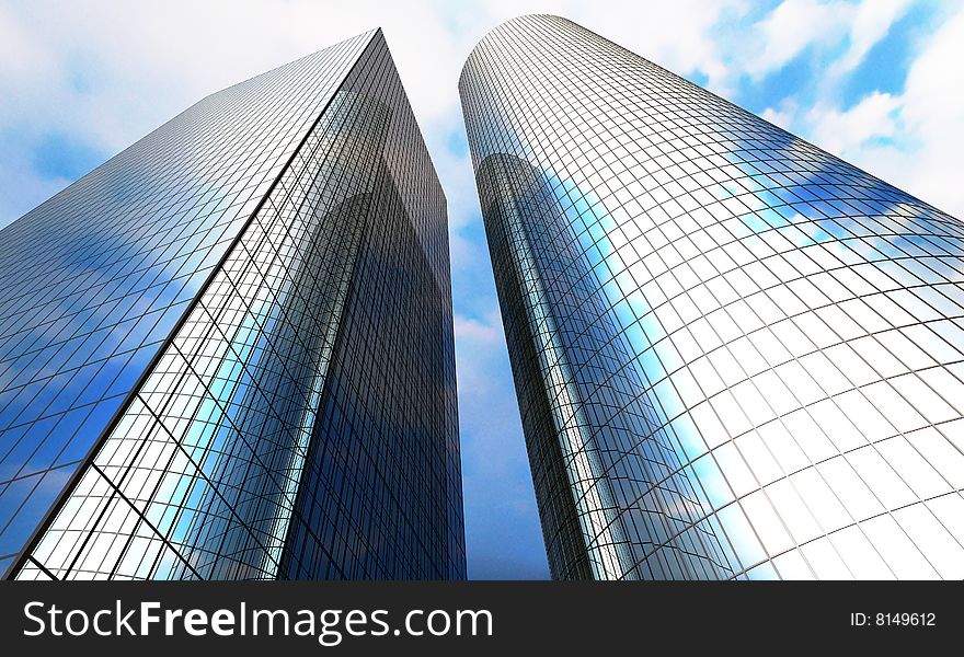 Skyscrapers with cloudy sky reflection