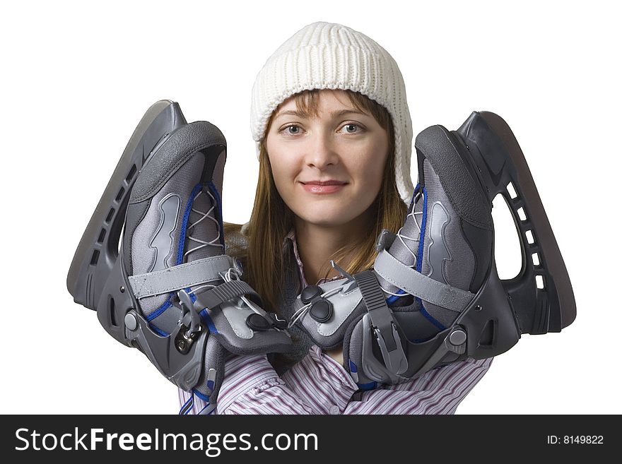 Happy young woman with ice skates, isolated on white