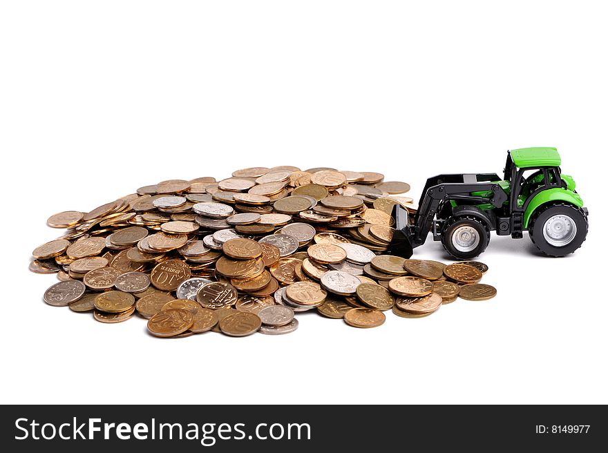 Green Tractor Raking Up Coins