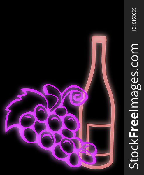 Outline of a neon wine bottle with grapes isolated on a black background. Outline of a neon wine bottle with grapes isolated on a black background.