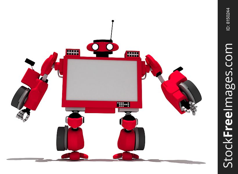 Red robot television set stands on white background