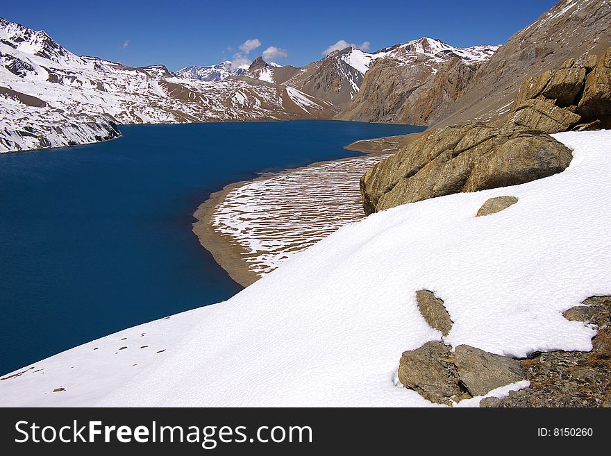 On a photo: High-mountainous lake Tilicho