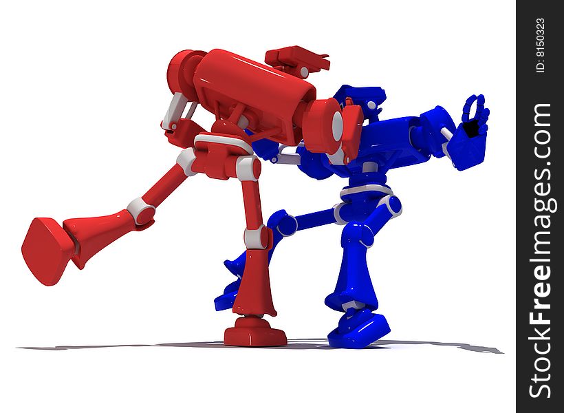 Red robot strikes a blow blue