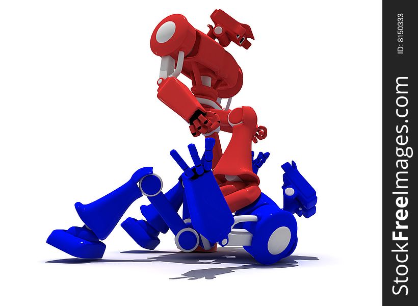 Red robot has won in fighting blue robot