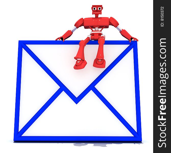 Red robot sits on letter