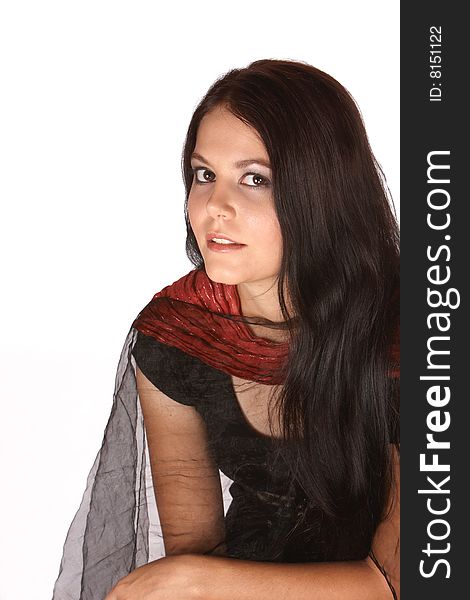 Female with long dark hair and redish scarf