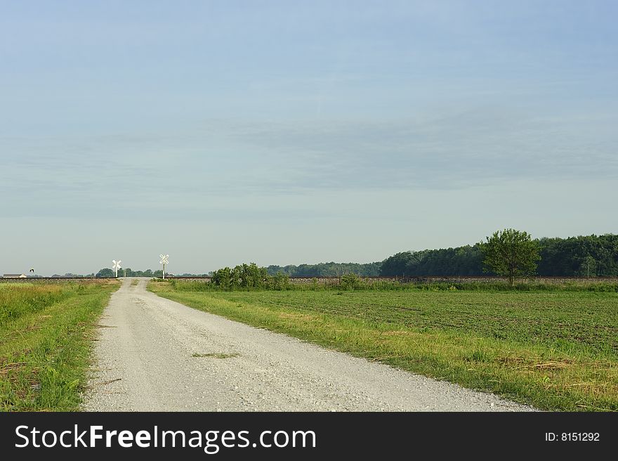 Country road surrounded by farm fields.