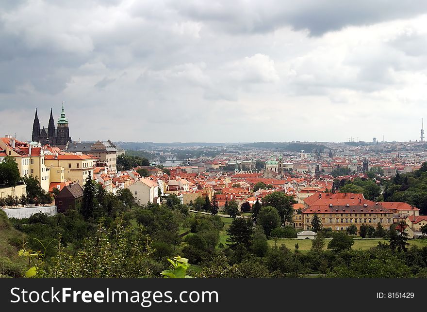 Bird-eye view on historical center of Prague, Czech Rep.