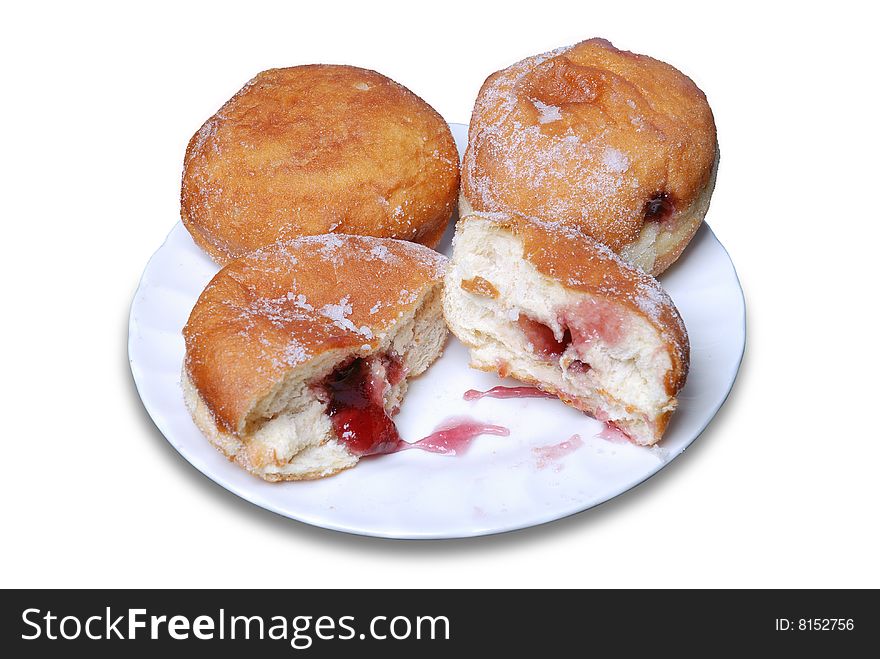 Jam doughnuts on a plate, isolated on a white background