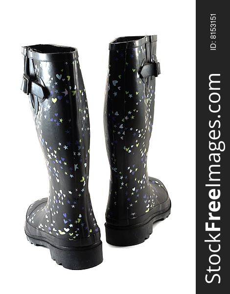 Rubber boots, black, insulated on white background. Rubber boots, black, insulated on white background