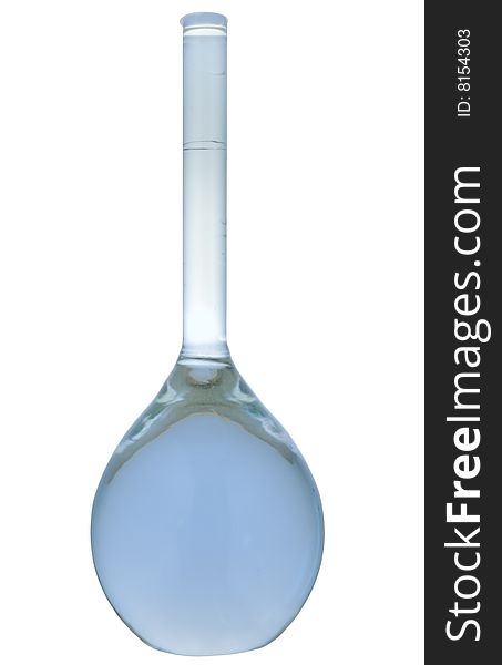 Retort with a transparent liquid on a white background