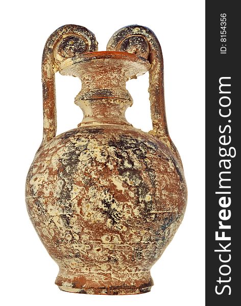 Age-old amphora with bloom of salt and gypsum in a brown color